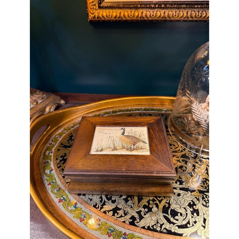 Vintage J.J. Cash Embroidered Goose Wood Keepsake Box‎
